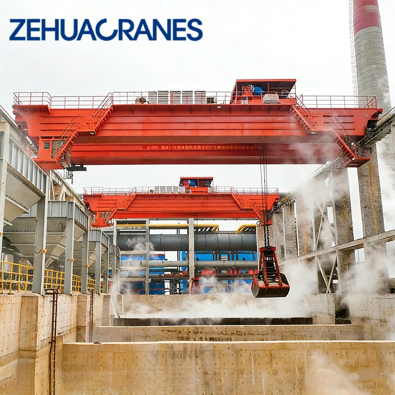 Intelligent Cement Crane Double Girder Overhead Crane with Gear-Driven Motor Clamshell Grab for Cement Handling